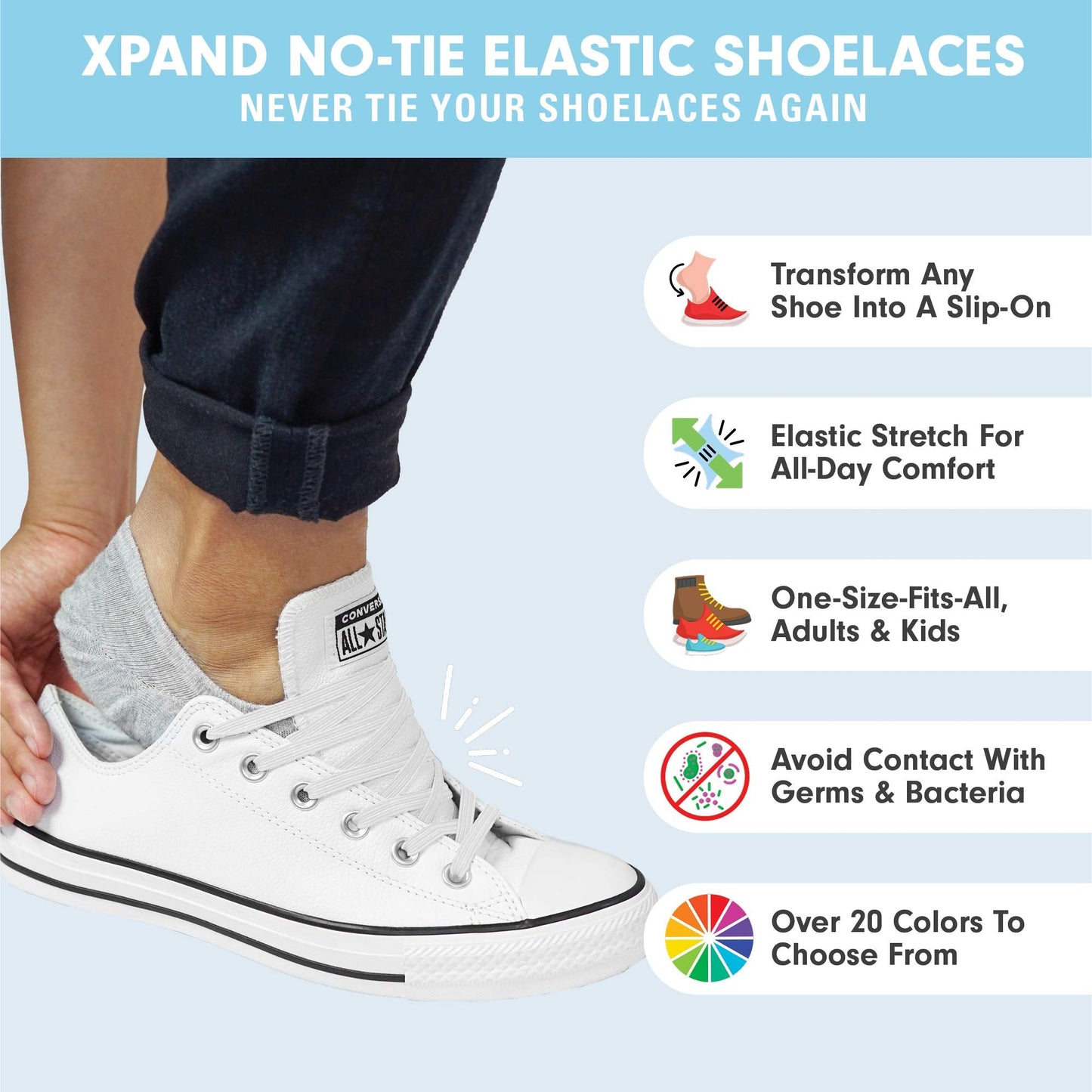 Xpand No Tie Shoelaces for Adults & Kids - Stretch Elastic Shoe Laces for Sneakers | Stretchy Tieless Shoe Strings for Running, Sports & Everyday Wear | One Size Fits All