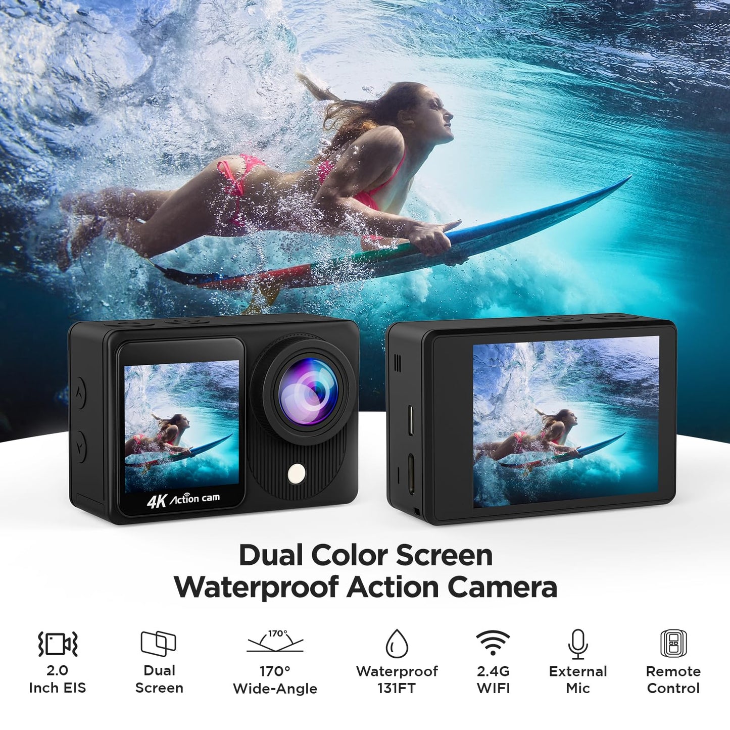 TIMNUT 4K Action Camera Touchscreen - Dual Screen Ultra HD EIS WiFi Sports Camcorder, 40M Waterproof, 170 Wide Angle Vlog Camera, 20MP Underwater with Remote Control and 2 Batteries