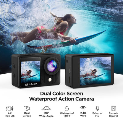 TIMNUT 4K Action Camera Touchscreen - Dual Screen Ultra HD EIS WiFi Sports Camcorder, 40M Waterproof, 170 Wide Angle Vlog Camera, 20MP Underwater with Remote Control and 2 Batteries