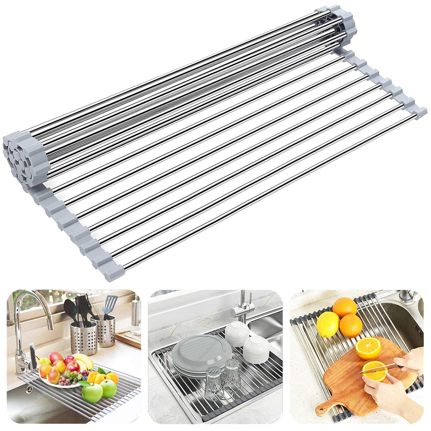 Searik Over The Sink Dish Drying Rack, Roll up Sink Dish Drainer Rack Foldable Kitchen Stainless Steel Dish Rack Sink Drying Rack (17.7"x 11.8")