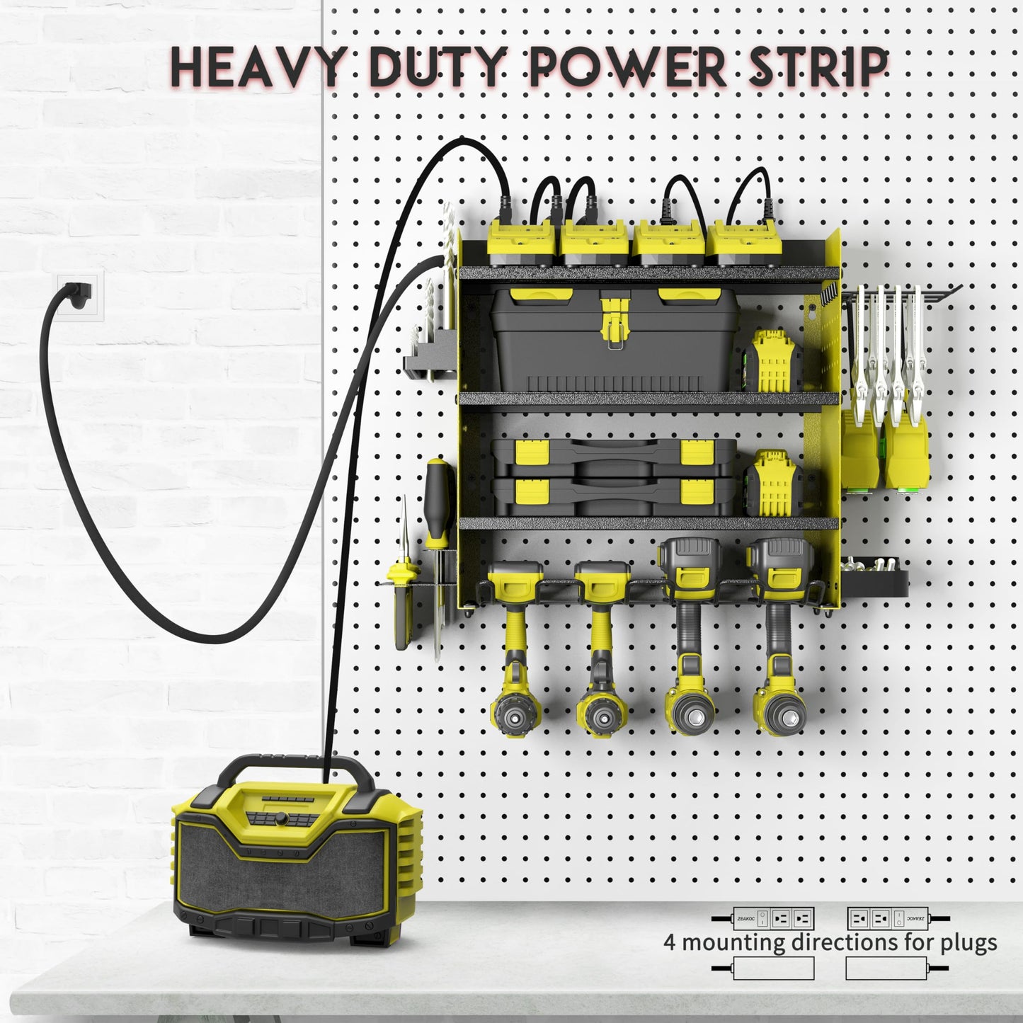 ZEAKOC Power Tool Organizer with Charging Station, 4 Layers Drill Holder Wall Mount,Metal Garage Rack with 10A Power Strip,Tool Shelves with Hooks,Drill Bit Storage, for Men Dad (Green&Black)