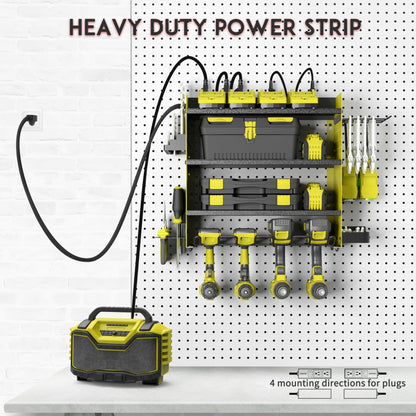 ZEAKOC Power Tool Organizer with Charging Station, 4 Layers Drill Holder Wall Mount,Metal Garage Rack with 10A Power Strip,Tool Shelves with Hooks,Drill Bit Storage, for Men Dad (Green&Black)