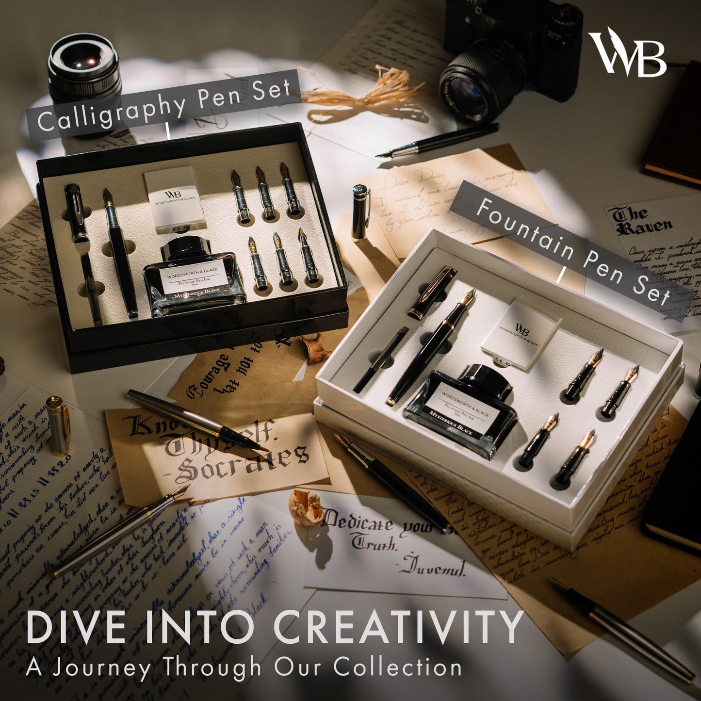 Wordsworth & Black Calligraphy Pen Gift Set, Includes Bottle, 6 Cartridges, Refill Converter, 6 Replacement Nibs, Premium Package, Journaling, Smooth Writing Pens [Black Chrome]