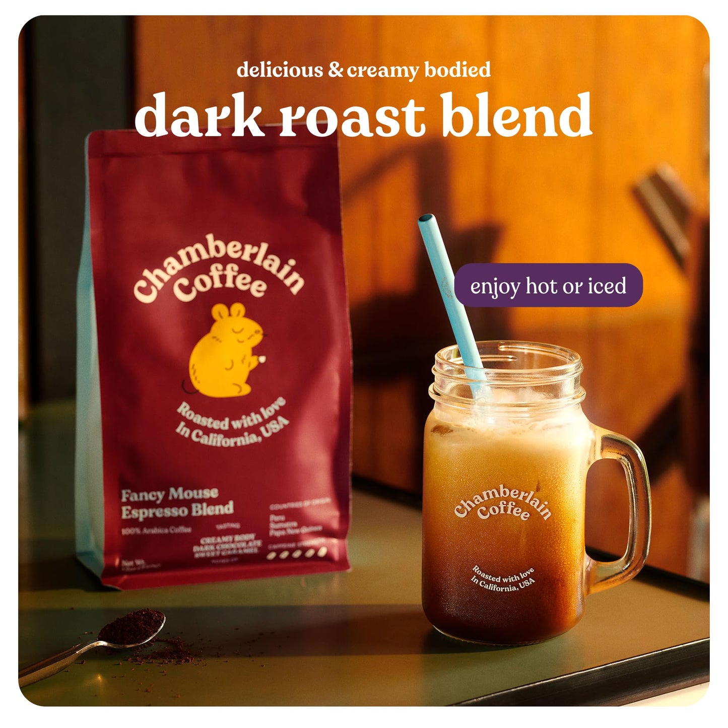 Chamberlain Coffee Fancy Mouse Espresso Blend - Extra Bold, Dark Roast Ground Coffee Beans with Notes of Sweet Caramel, Dark Chocolate & Toasted Peanuts - Specialty Ground Coffee - 12 oz