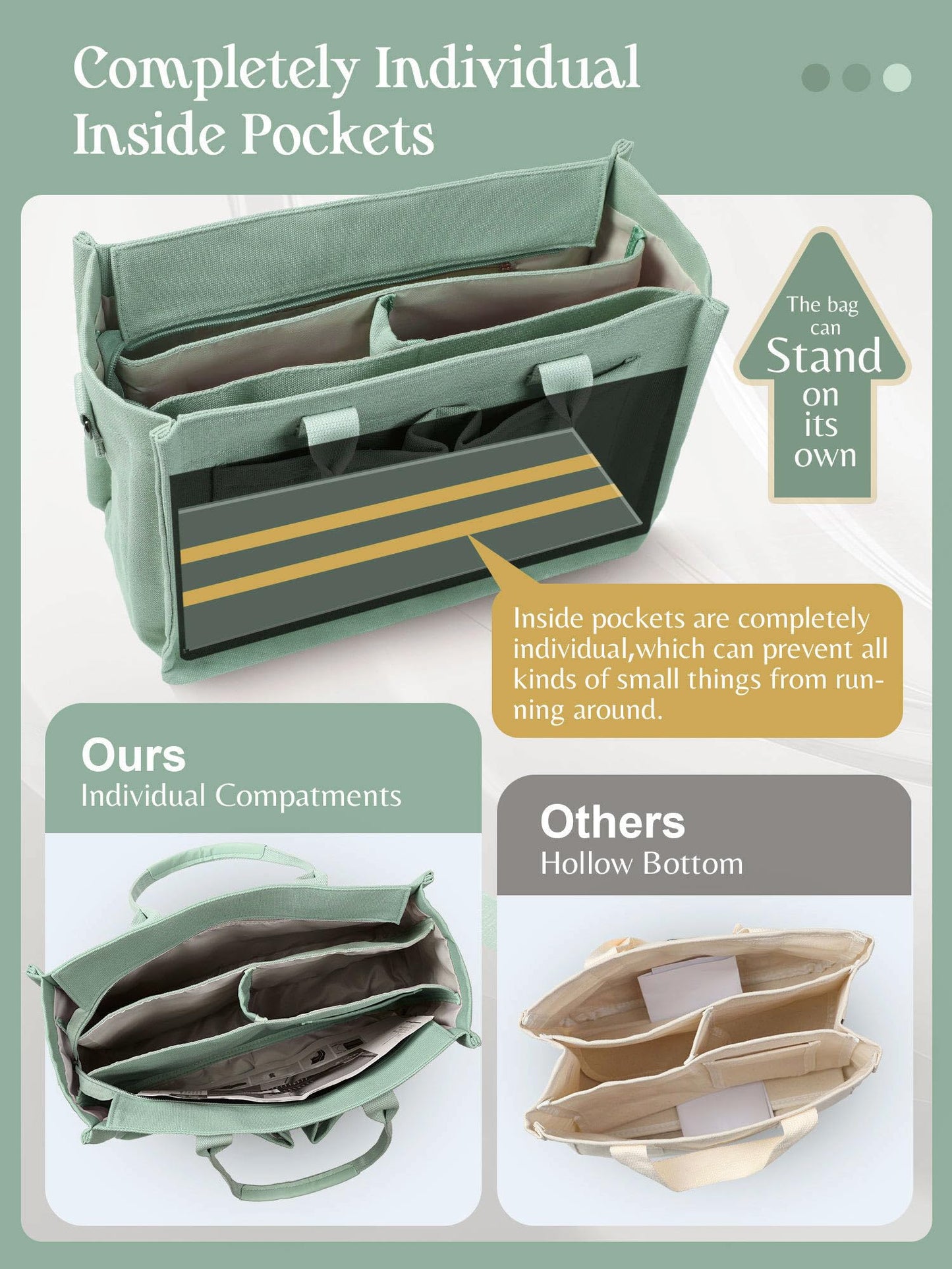 FIORETTO Canvas Tote Bag for Women with Zipper Closure & Individual Compartments for Work College, Crossbody Laptop Tote Purse Handbag with Detachable Strap & Bottom Support for Teacher & Nurse Green