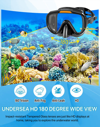 Ubekezele Snorkeling Gear for Adults Men Women,4 in 1 Snorkel Set with Panoramic View Diving Mask Anti-Fog Anti-Leak,Dry Top Snorkel,Fins and Travel Bag for Swimming,Snorkeling and Travel Diving