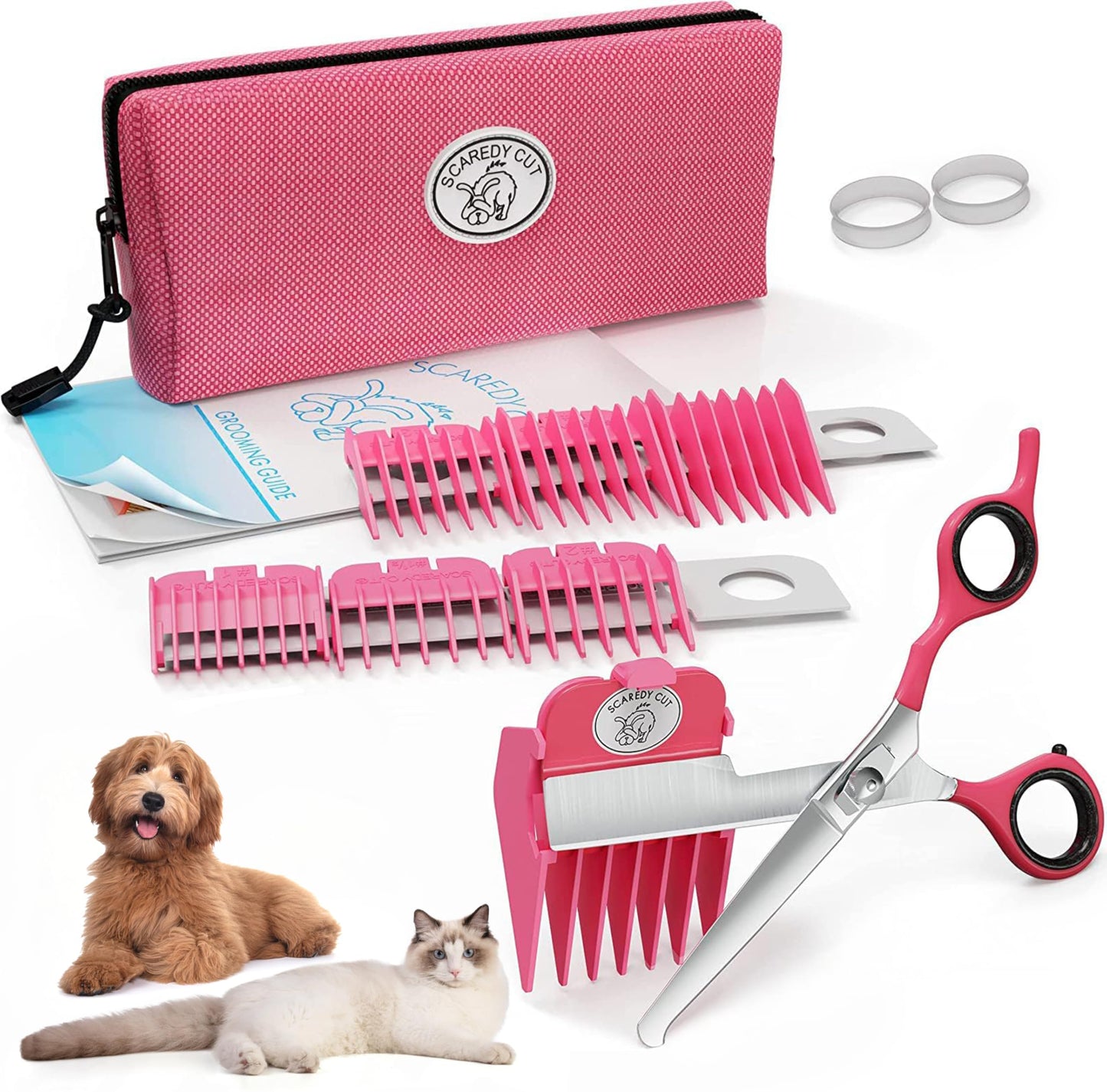 SCAREDY CUT Silent Pet Grooming Kit for Dog, Cat and All Pet Grooming - A Quiet Alternative to Electric Clippers for Sensitive Pets (Right-Handed Pink)
