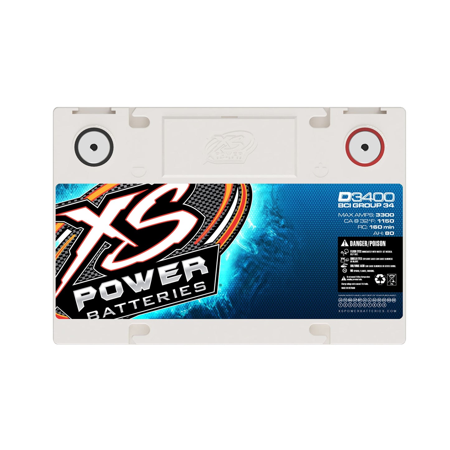 XS Power D3400 3300 Amp AGM Battery with M6 Terminal Hardware - 12 Volt 80Ah 1150CA Deep Cycle AGM Powercell for Winch, Car Audio Systems - 49.97 lbs, Maintenance Free, Sealed Design