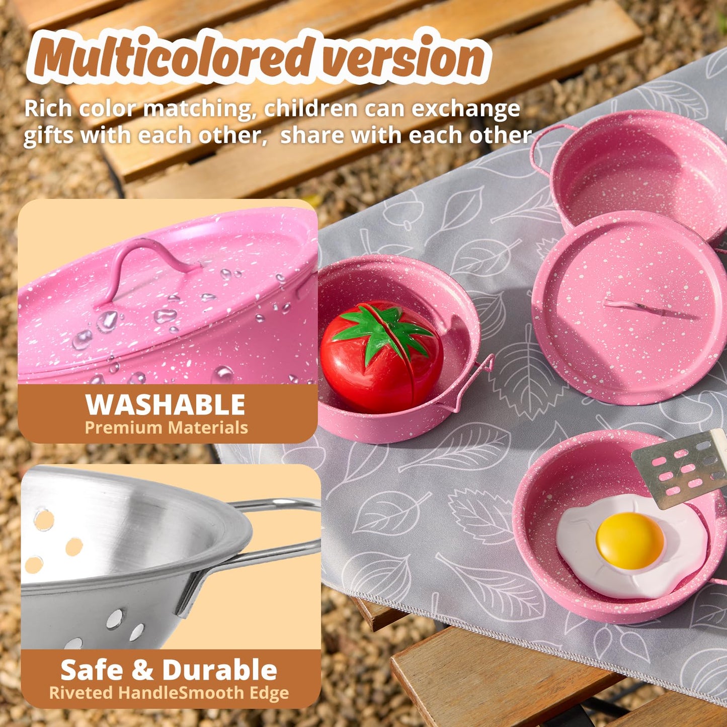 Veitch fairytales Kids Play Kitchen Toy Accessories Set Toddler Cooking Playset Colorful Stainless Steel Pots and Pans Birthday Gifts for 3+ Girls Boys (New Pink)