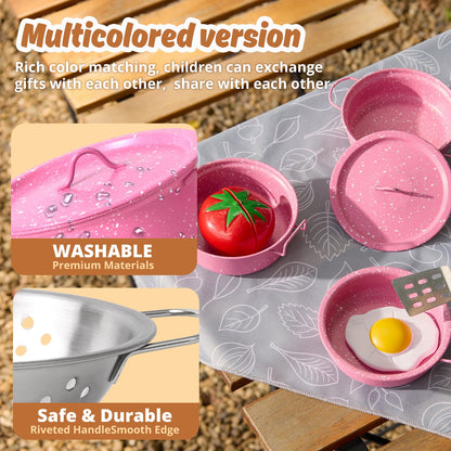 Veitch fairytales Kids Play Kitchen Toy Accessories Set Toddler Cooking Playset Colorful Stainless Steel Pots and Pans Birthday Gifts for 3+ Girls Boys (New Pink)