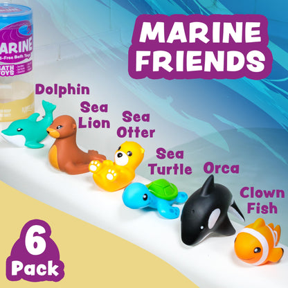 Tub Works® Marine™ Mold Free Bath Toys, 6 Pack | Sealed, No Hole Bath Toys Design Keeps Moisture Out | Soft, Squeezable & Float on Water | Easy-Grip Baby & Toddler Bath Toy Set | Great Baby Pool Toys