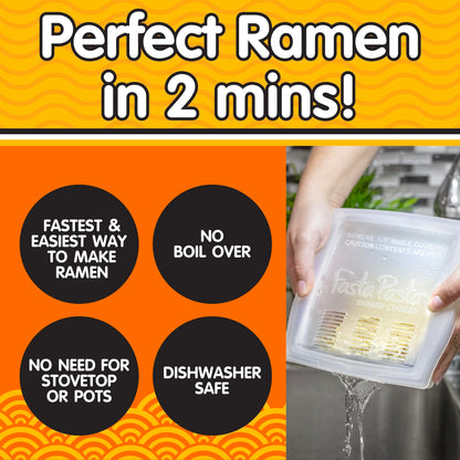 The Original Fasta Pasta Microwave Ramen Cooker w Lid and Built-in Strainer- No More Messes, Waiting for Water to Boil,or Sticky Noodles- Perfect Al Dente Pasta Every time- Patented, It Really Works