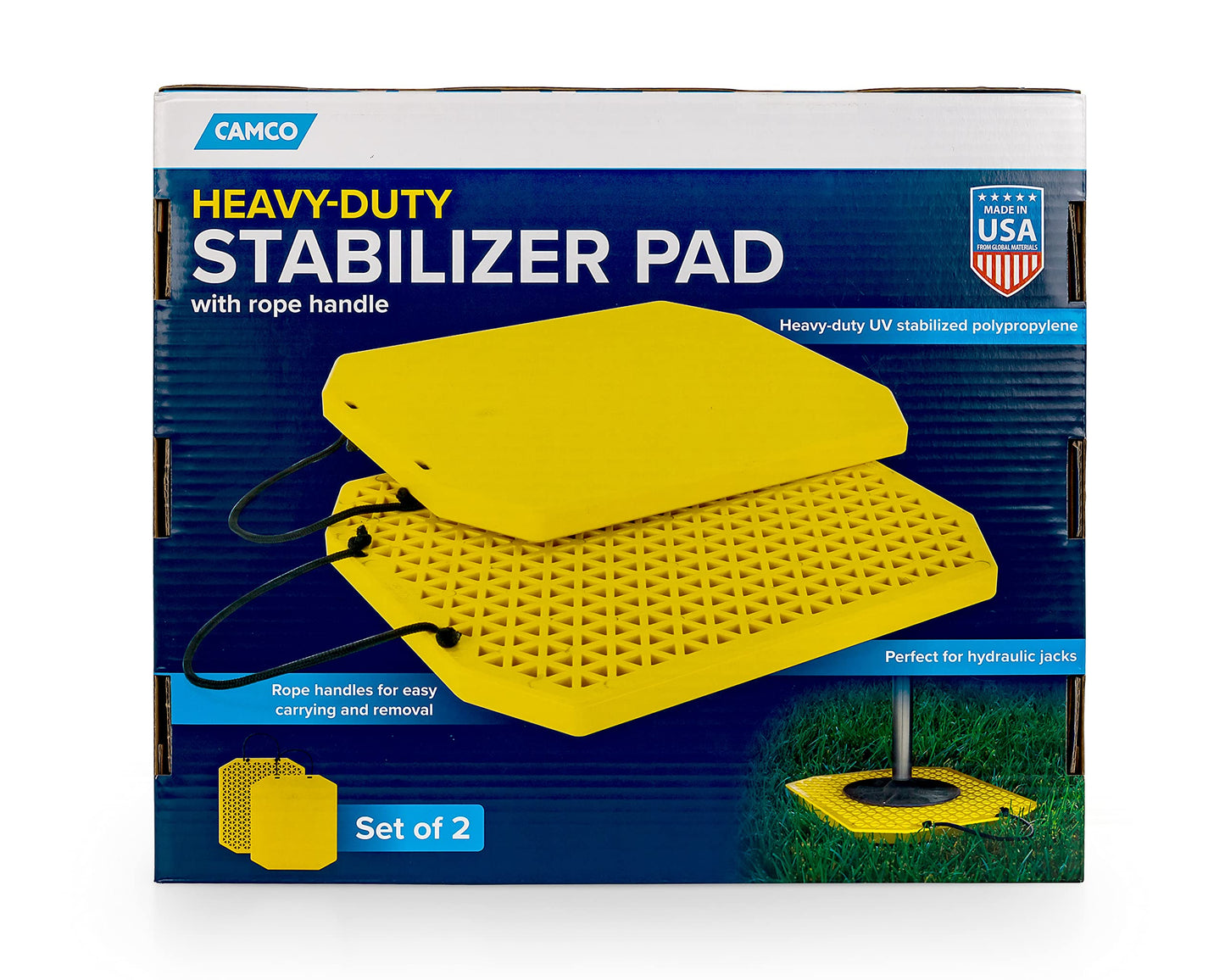 Camco Extra Large Stabilizer Jack Pads - Helps Stop RV Jacks from Sinking into Soft Ground - Includes Rope Carry Handles & Each Measures 17” x 15” x 1” - Crafted of Heavy-Duty Polymer - 2-Pack (44545)