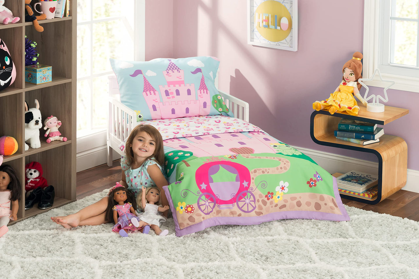 EVERYDAY KIDS 4 Piece Toddler Bedding Set -Princess Storyland- Includes Comforter, Flat Sheet, Fitted Sheet and Reversible Pillowcase