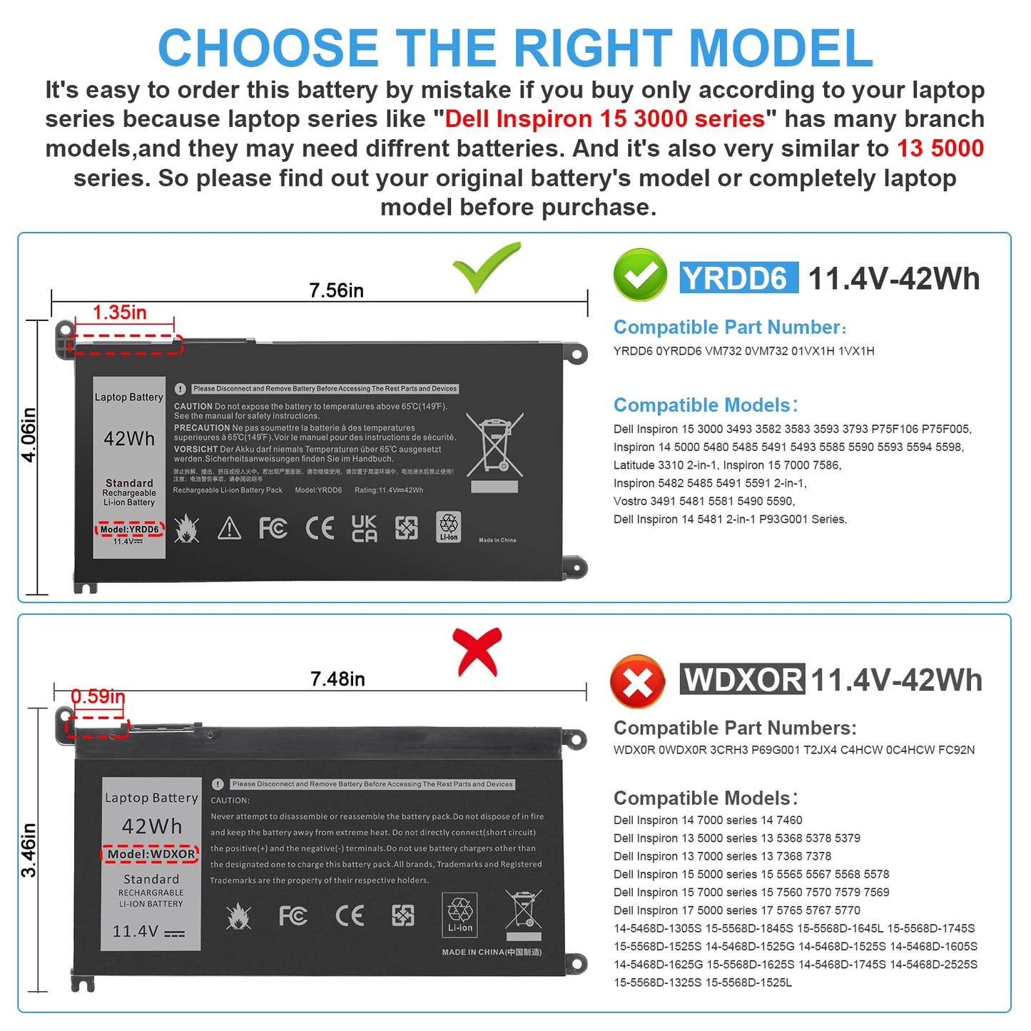 YRDD6 Battery for Dell Inspiron 5591 7586 5491 5481 5482 5485 3310 2-in-1 15 3582 3583 3593 3584 5590 5593 5594 5585 5598 14 3493 5493 5480 3793 Vostro 3491 5481 5581 5490 5590 0YRDD6 01VX1H 0VM732