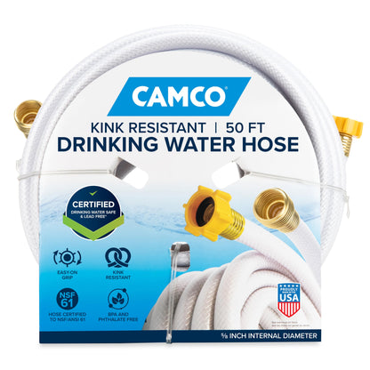 Camco TastePURE 50-Ft Water Hose - RV Drinking Water Hose Contains No Lead, No BPA & No Phthalate - Features Diamond-Hatch Reinforced PVC Design - 5/8” Inside Diameter, Made in the USA (22793)