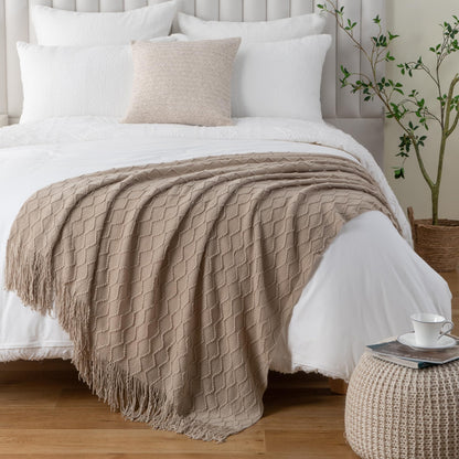 BATTILO HOME Khaki Throw Blankets for Couch, Taupe Lightweight Decorative Blankets and Throws, Boho Warm Knit Blanket for Men and Women, 50"x60"