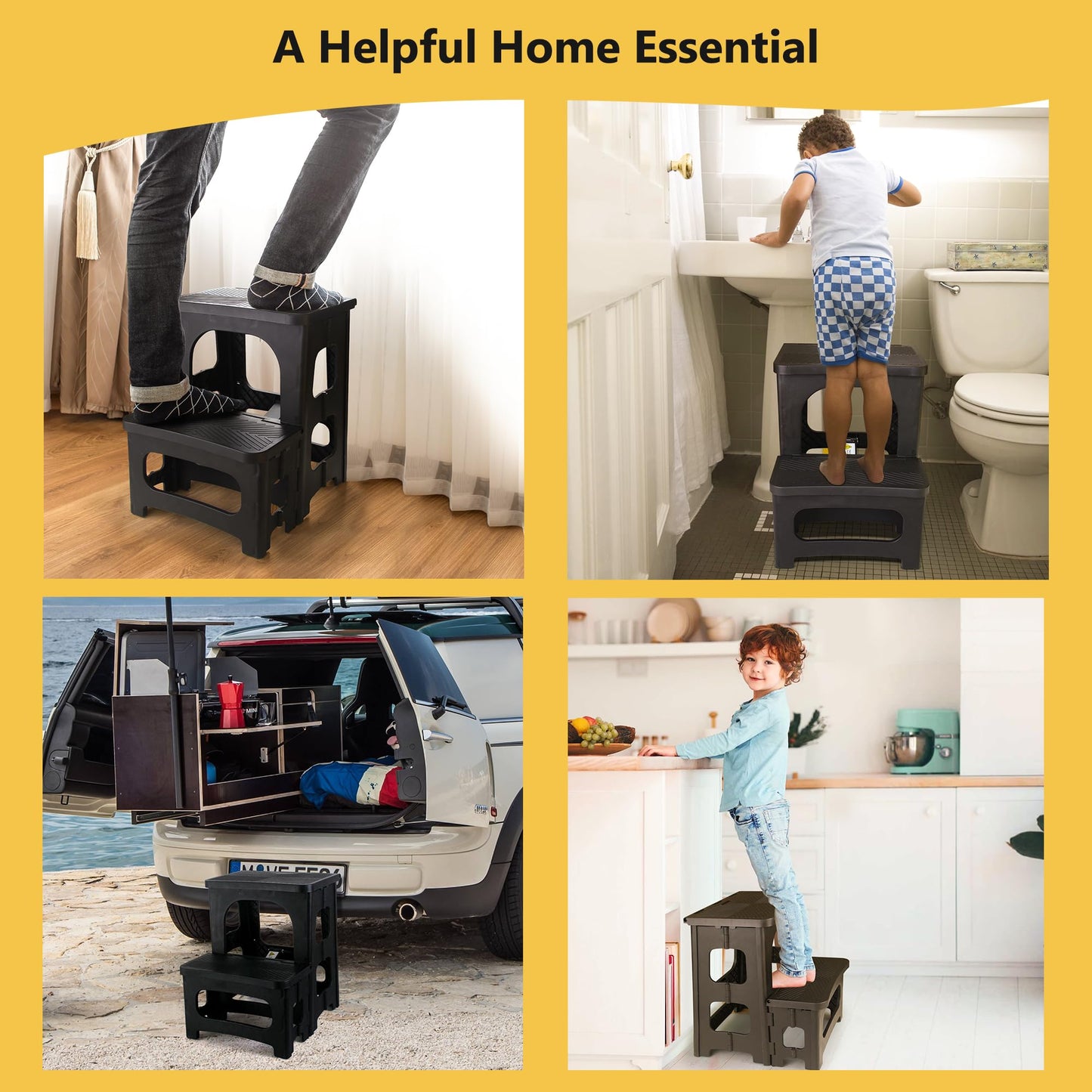 AMOISE Amoise Folding 2-Step Stool, Non-Slip Portable Footstool 8'' & 17'' Dual Heights, Holds 300 lbs, Portable Footstool for Kitchen Home Toilet Bedroom Office Bathroom RV(Black)