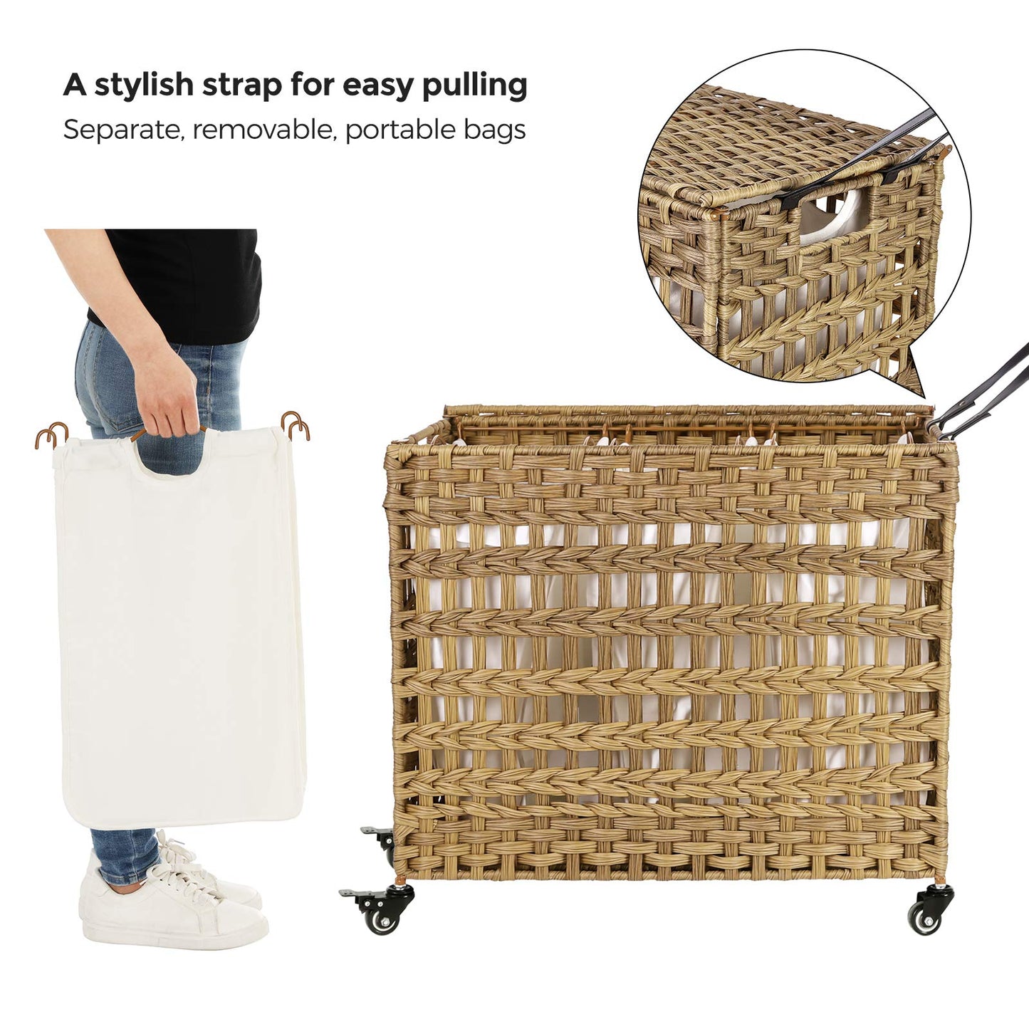 SONGMICS Laundry Hamper with Lid, 140L Synthetic Rattan Laundry Basket with Wheels, Clothes Hamper with 3 Removable Liner Bags, 3-Section Hampers with Handles, Laundry Room, Natural ULCB083N01