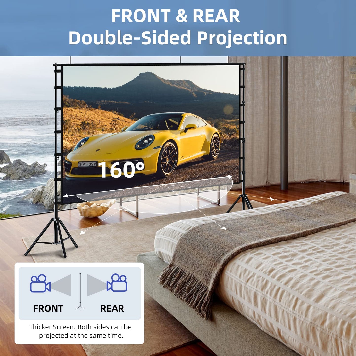 TOWOND Projector Screen and Stand, 150 inch Indoor Outdoor Projection Screen, Portable 16:9 4K HD Rear Front Movie Screen with Carry Bag Wrinkle-Free Design for Home Theater Backyard Cinema