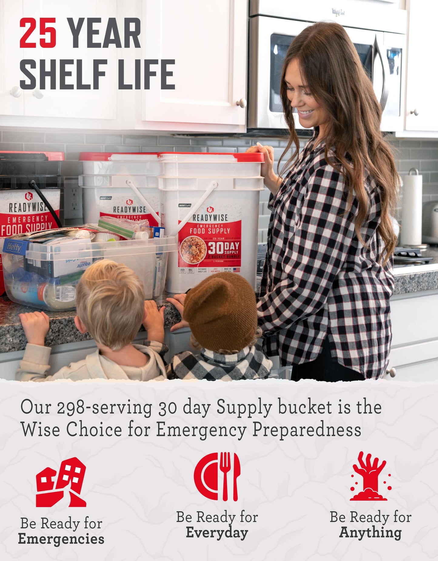 ReadyWise 30 Day Emergency Food Supply - 296 Servings, 2 Buckets, Freeze Dried Protein Meals, Survival Food Storage, Ready to Eat, Backpacking & Camping Essentials, up to 25 Year Shelf Life