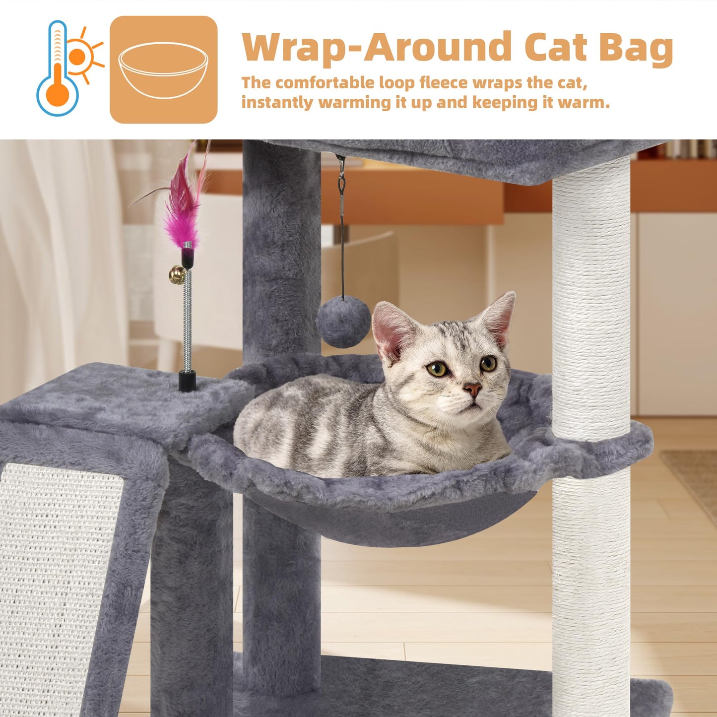 YOUPET Cat Tree with Cat Scratching Post for Indoor Cats, Cat Tower with Scratching Board and Playful Toy Balls, Cat Tree Tower with Cozy Hammock,Grey