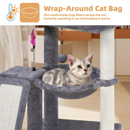 YOUPET Cat Tree with Cat Scratching Post for Indoor Cats, Cat Tower with Scratching Board and Playful Toy Balls, Cat Tree Tower with Cozy Hammock,Grey