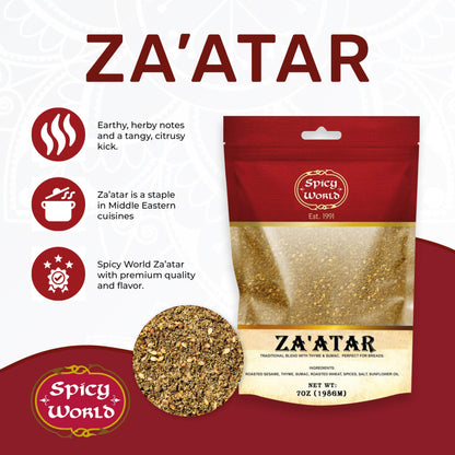 Spicy World Zaatar 7 Ounce LARGE Bag | Traditional Middle Eastern Zatar Spice Blend with Thyme & Sumac | Zaatar Seasoning