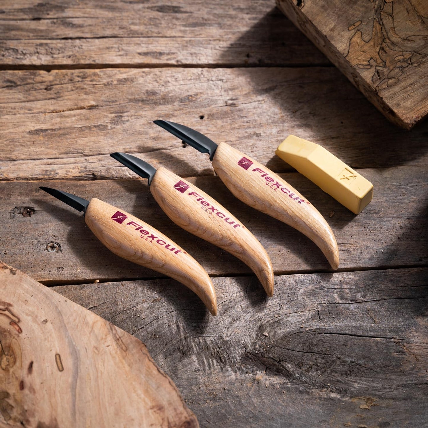 FLEXCUT Starter 3 Wood Carving Knife Set KN500, 1095 High Carbon Steel Blades and Ergonomic Ash Wood Handles for Beginners and Hobbyists