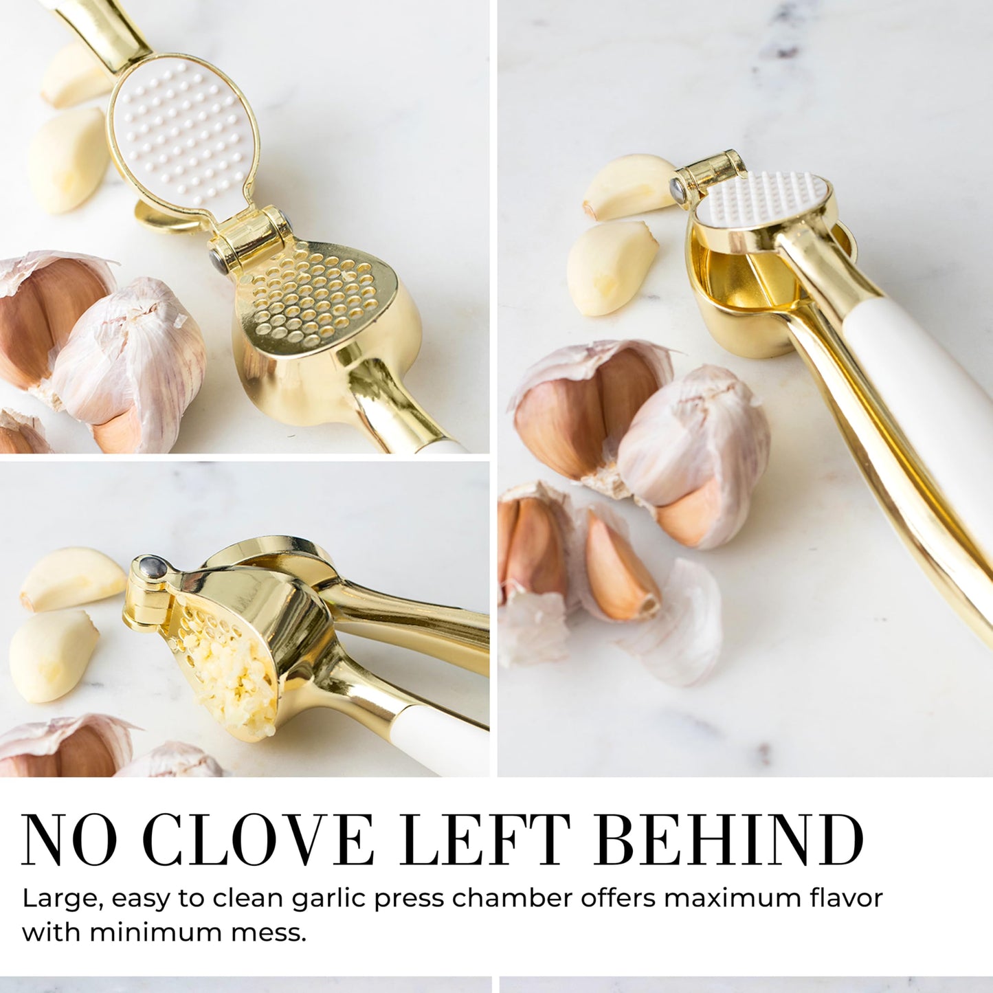 White & Gold Cooking Utensils Set - Luxe 8-Piece Kitchen Gadget Set Includes Can Opener, Tongs and Garlic Press - Stylish White and Gold Kitchen Accessories for Modern Kitchens, Ideal for Gifting