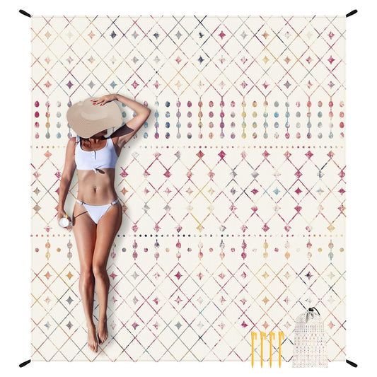 Boho Moroccan Beach Blanket Sandproof, Large 78"×86" Beach Mat Sand Free Waterproof Fits Up to 4 Adult, Compact Quick Dry Polyester Outdoor Picnic Blanket with Stakes for Travel, Camping, Hiking