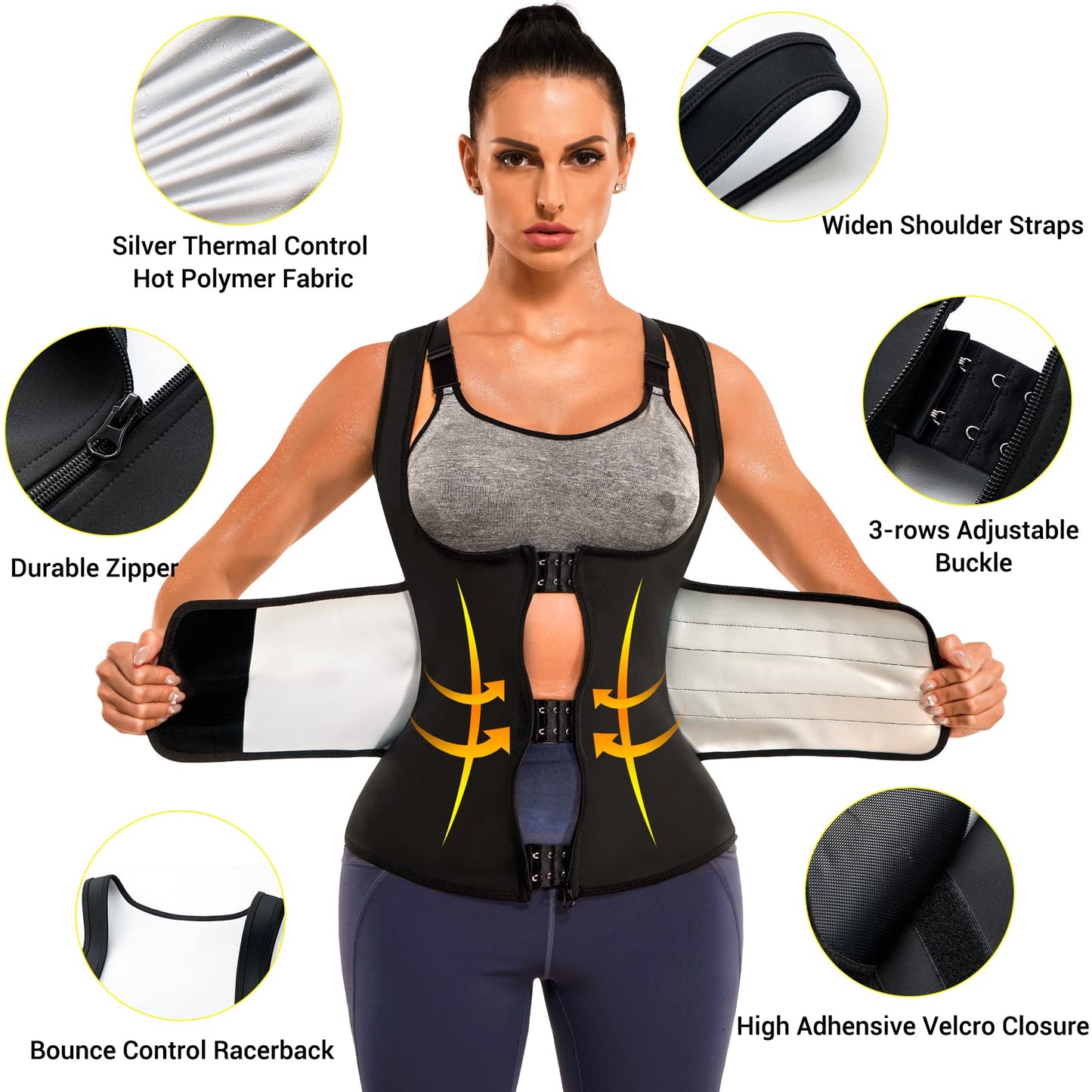 TrainingGirl Women Sweat Vest Waist Trainer Trimmer Belt Weight Loss Hot Sauna Suit Zipper Workout Tank Tops Slim Body Shaper (Black, X-Large)