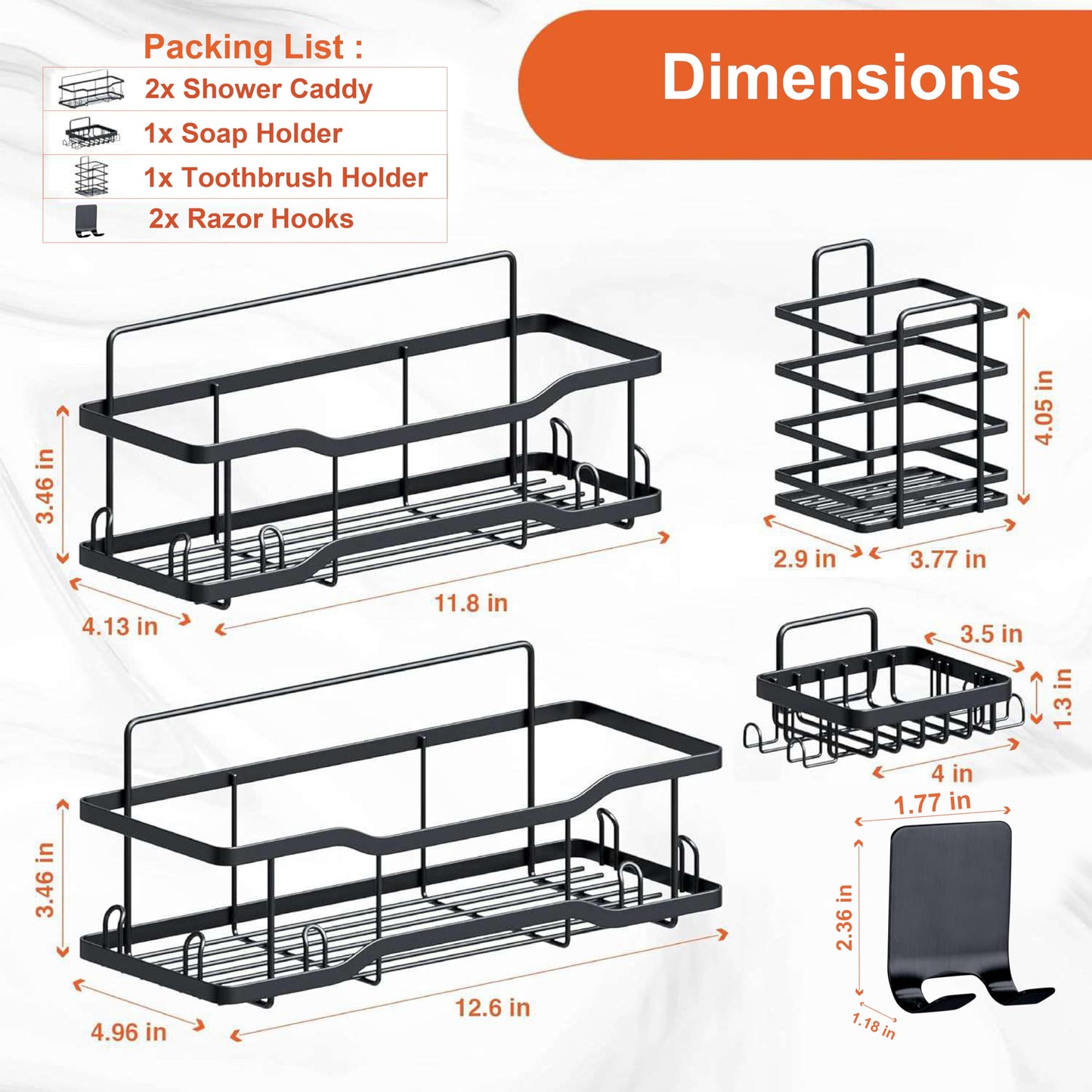Shower Caddy Bathroom Shelves, The Athena Silken 4 Set, 40LB Capacity, Adhesive Tape No Drill - Rustproof -Gorgeous Powder Coated 304 Stainless Steel Shower Organizer for kitchen & Home Decor - Black