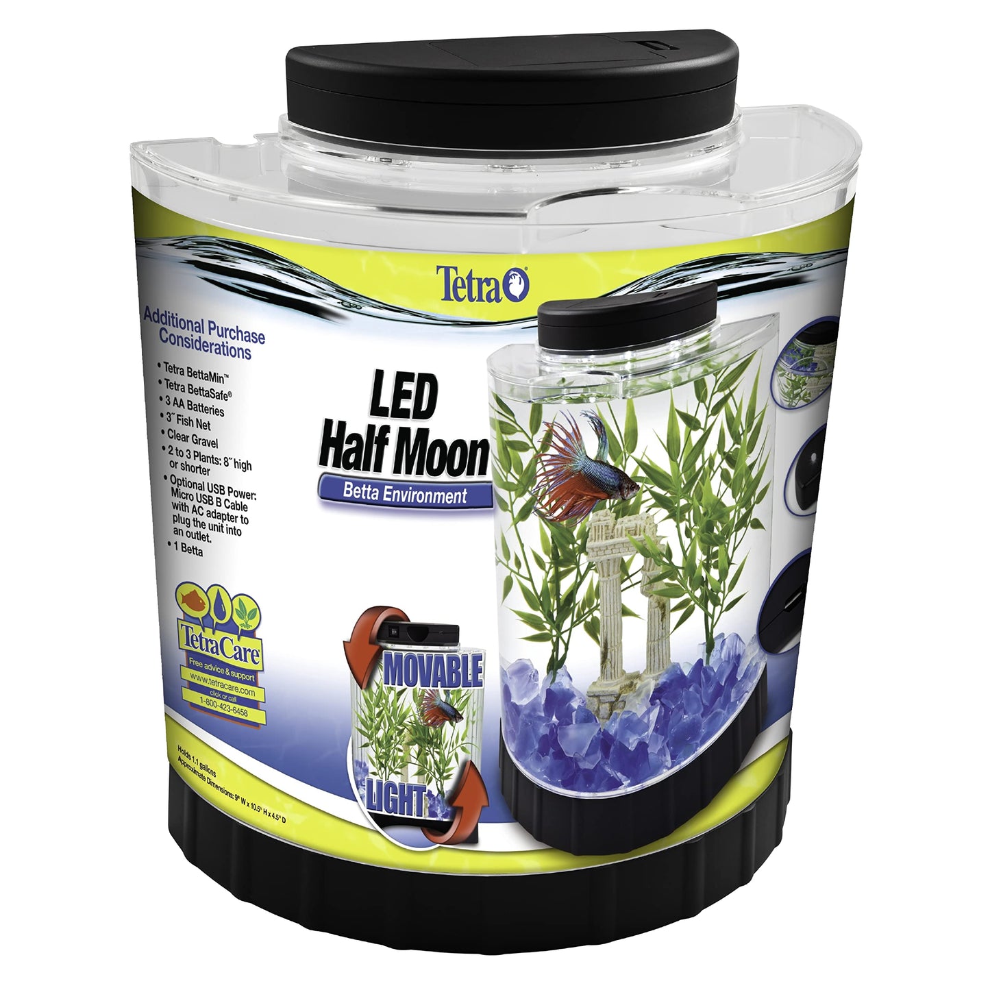 Tetra 1 Gallon Half Moon Small Fish Tank w/ Movable LED Light, For Betta & Gold Fish, Aquarium
