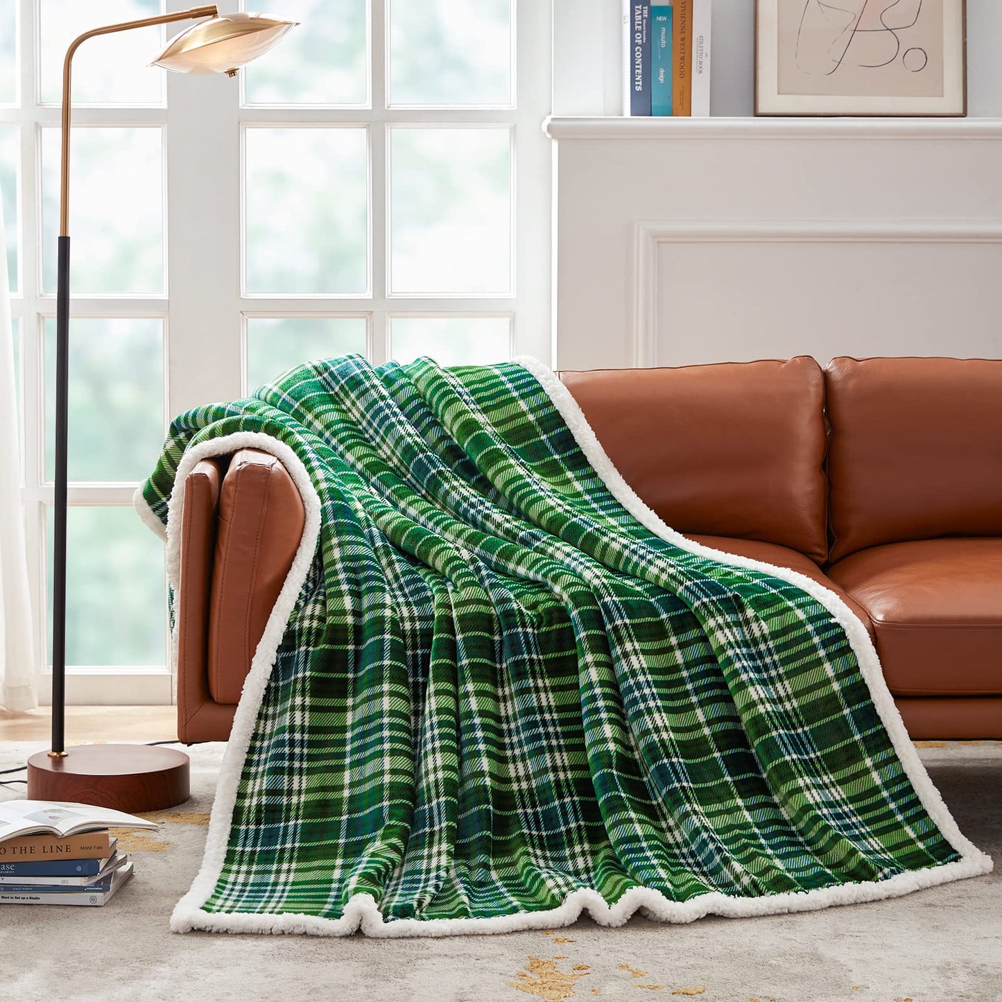 Touchat Sherpa Plaid Throw Blanket(60" X 70", Plaid Green), Fuzzy Fluffy Cozy Soft Blanket, Fleece Flannel Plush Twin Size Microfiber Blanket for Couch Bed Sofa