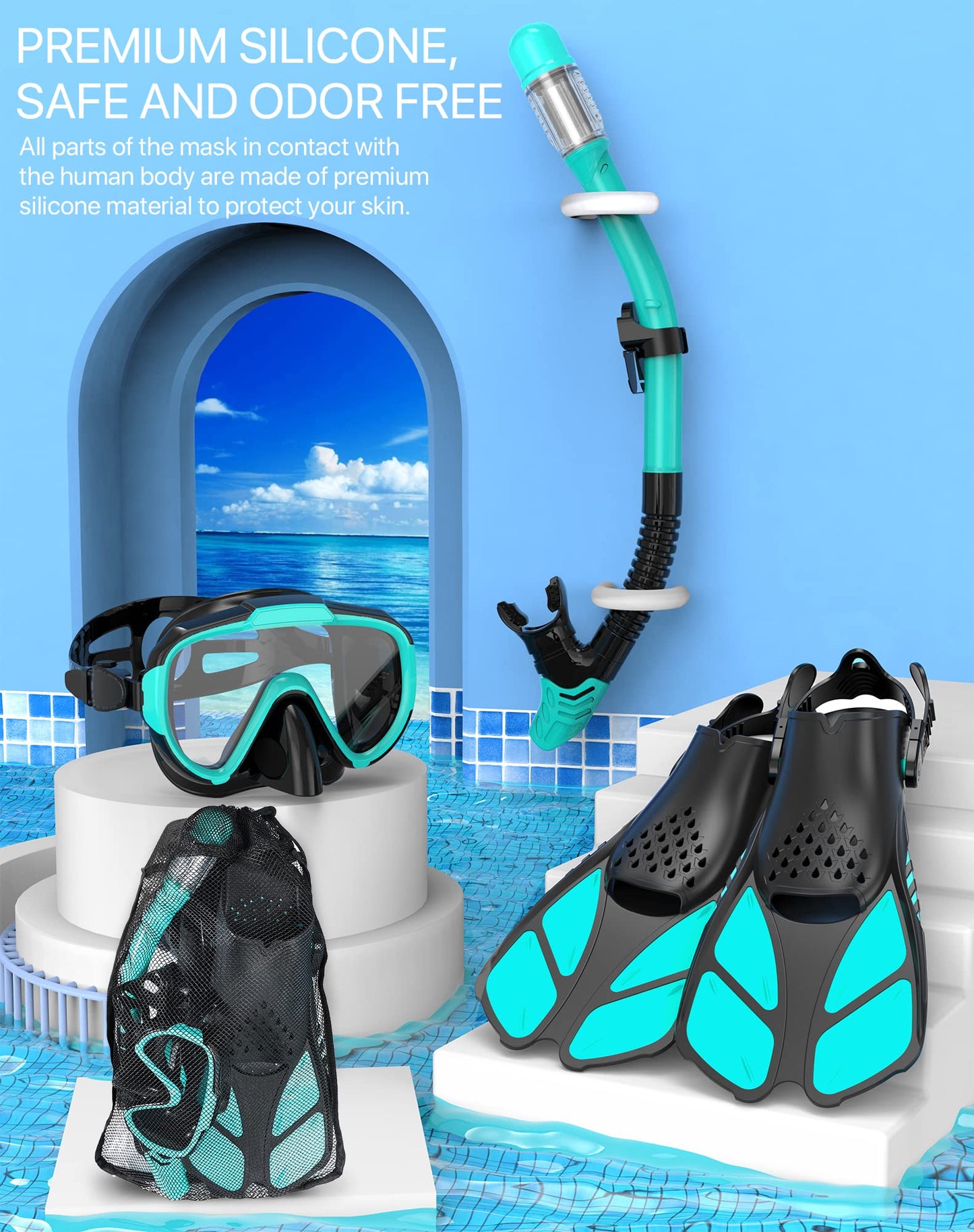 Ubekezele Snorkeling Gear for Adults Men Women,4 in 1 Snorkel Set with Panoramic View Diving Mask Anti-Fog Anti-Leak,Dry Top Snorkel,Fins and Travel Bag for Swimming,Snorkeling and Travel Diving