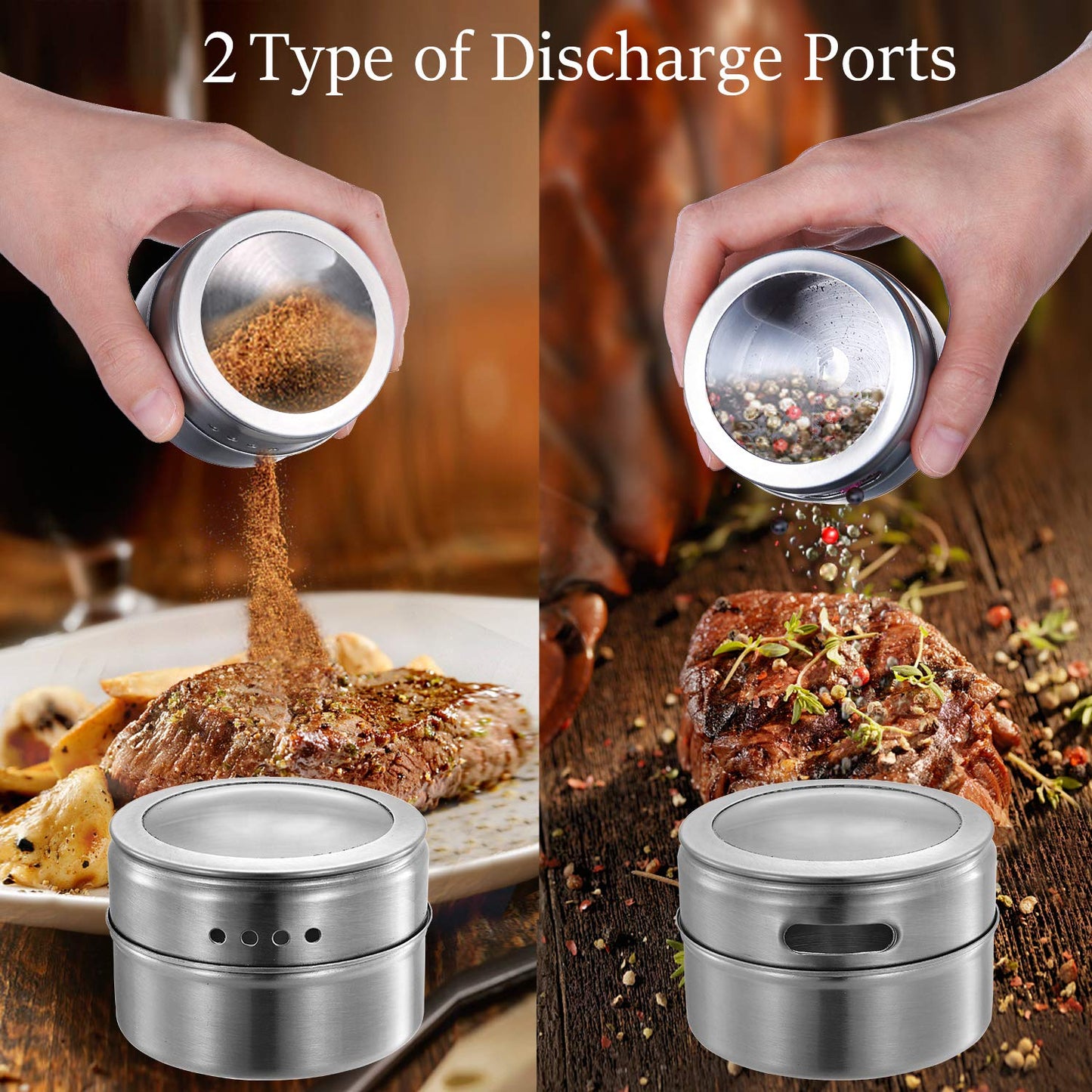 Upgrade Magnetic Spice Jars 12pcs with Wall Mounted,Stainless Steel Spice Tins with Lid and Small Holes for Sprinkle Rust Free Easy to Clean Includes 94 Labeling Stickers by Beeyoka