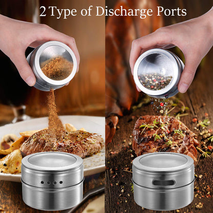 Upgrade Magnetic Spice Jars 12pcs with Wall Mounted,Stainless Steel Spice Tins with Lid and Small Holes for Sprinkle Rust Free Easy to Clean Includes 94 Labeling Stickers by Beeyoka