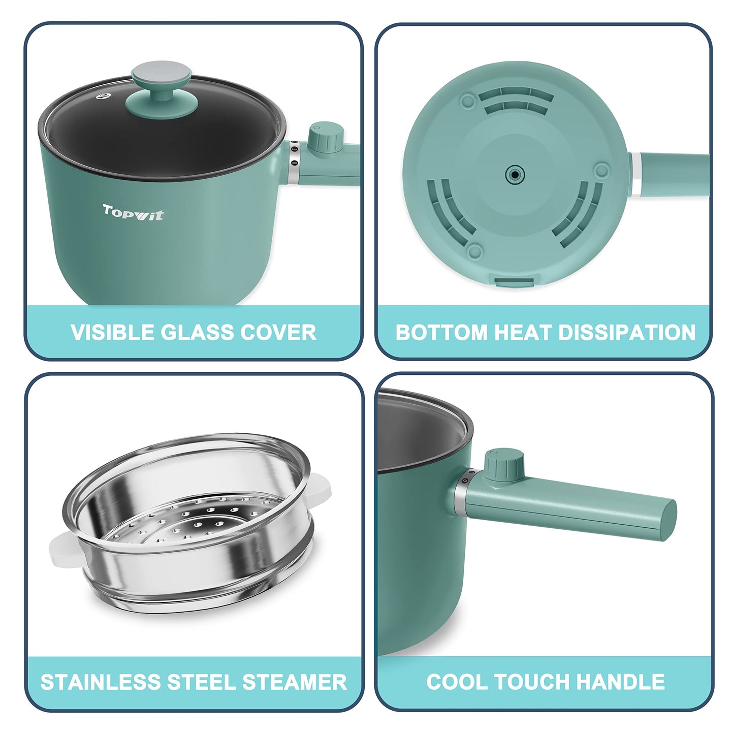 Topwit Hot Pot Electric with Steamer, 1.5L Ramen Cooker, Non-Stick Frying Pan, Electric Pot for Pasta, BPA Free, Electric Cooker with Dual Power Control, Over-Heating & Boil Dry Protection, Green