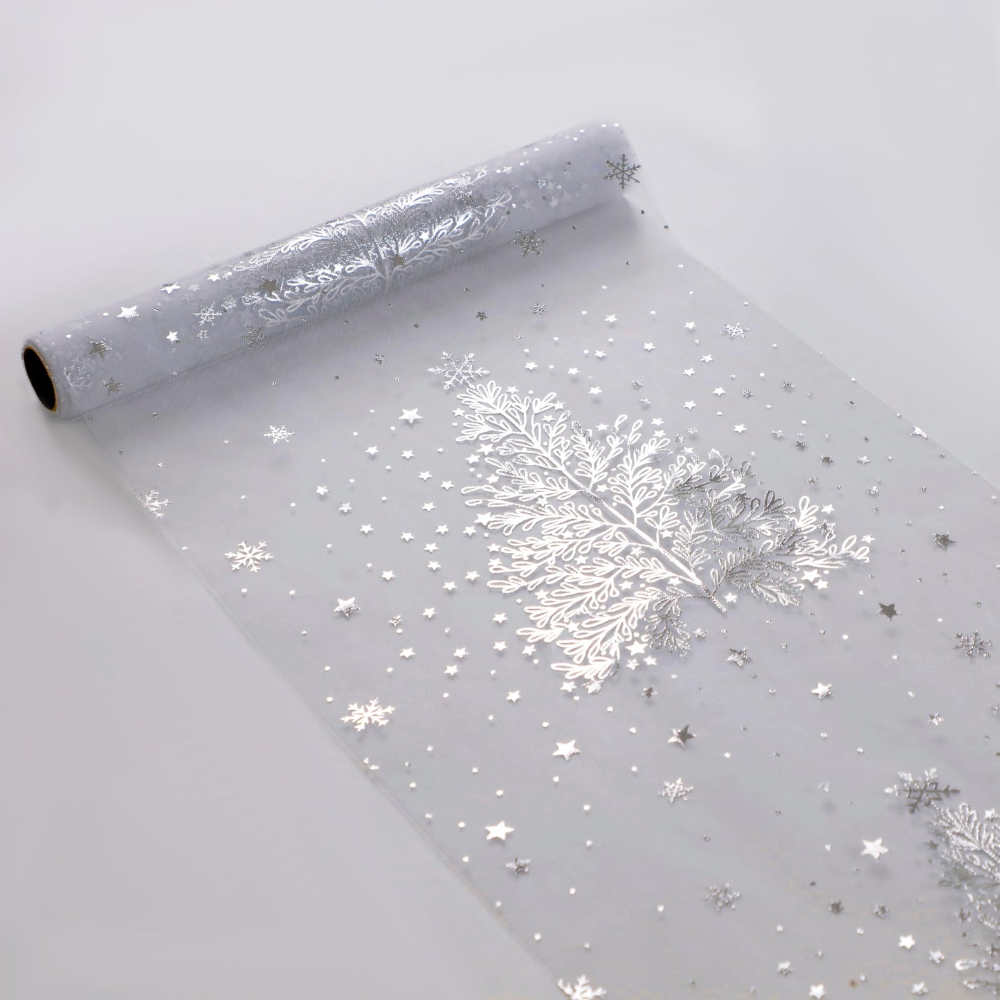 Snowkingdom Silver Christmas Tree Table Runner Xmas Winter Snowflakes 120 Inch Sparkly Glitter Mesh Runners Kitchen Dining Table Decorations for Seasonal Festival Holiday Indoor Outdoor Home Party