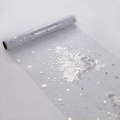 Snowkingdom Silver Christmas Tree Table Runner Xmas Winter Snowflakes 120 Inch Sparkly Glitter Mesh Runners Kitchen Dining Table Decorations for Seasonal Festival Holiday Indoor Outdoor Home Party