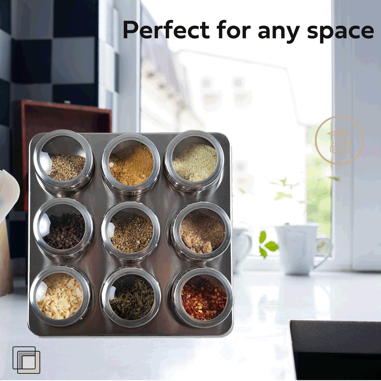 Uncluttered Designs Intergalactic Spice Rack Set With Magnetic Jars, Stand and Wall Mount (9 Tin)