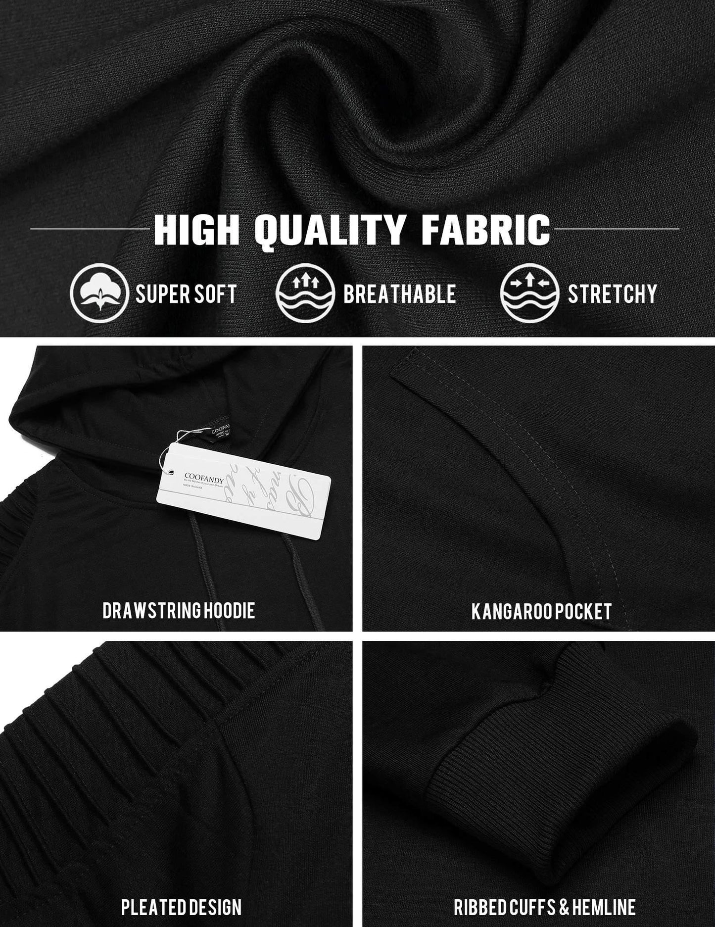 COOFANDY Mens Black Hoodie Long Sleeve Drawstring Casual Sweatshirt Workout Gym Hooded Pullover Black L