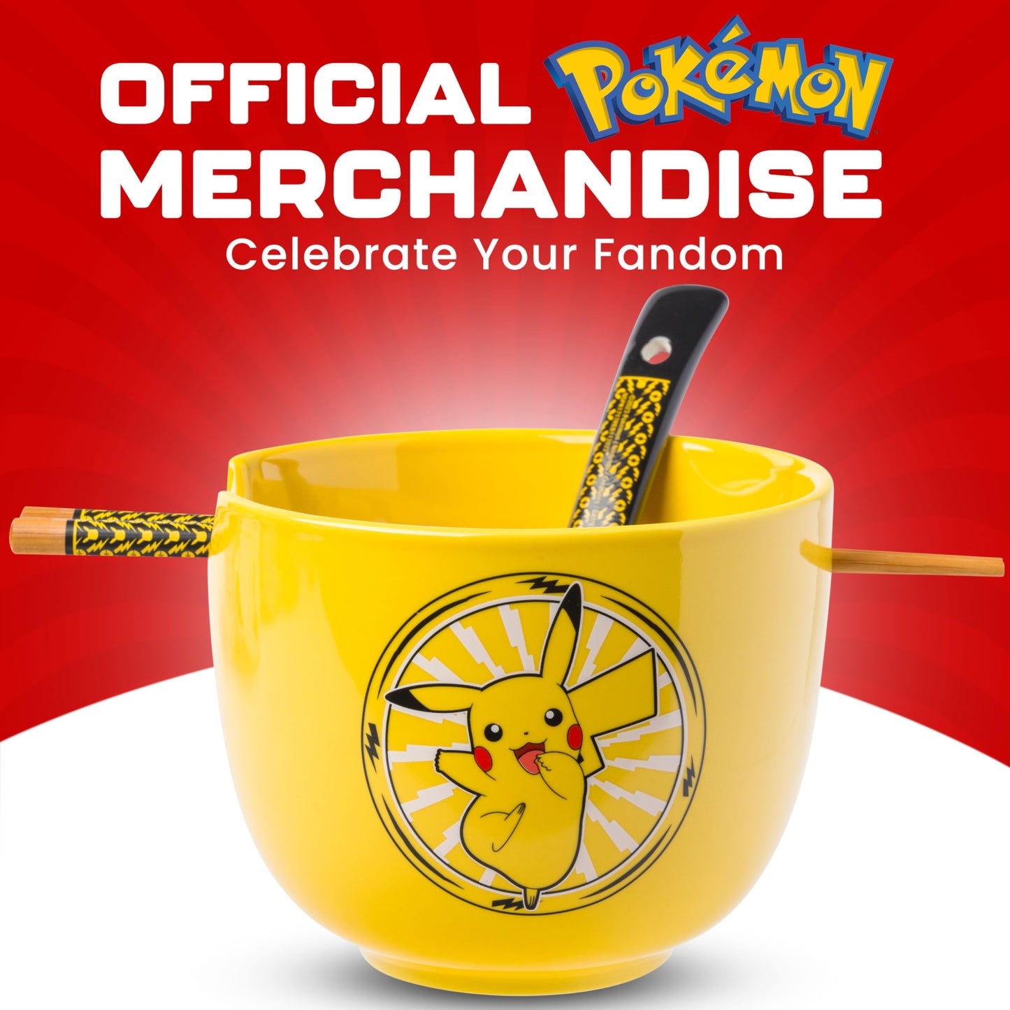 Silver Buffalo Pokemon Pikachu Electric Ceramic Ramen Noodle Rice Bowl with Chopsticks and Spoon, Microwave Safe, 20 Ounces