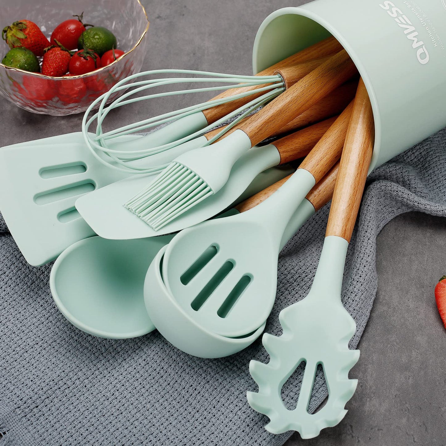 QMVESS Silicone Kitchen Utensils Set, 35 Pcs Non-Stick Cooking Utensils Set, Sturdy Insulation Wooden Handle Kitchen Accessories for Cooking with Spatula Set and Spoons Set Gadgets (Light Green)