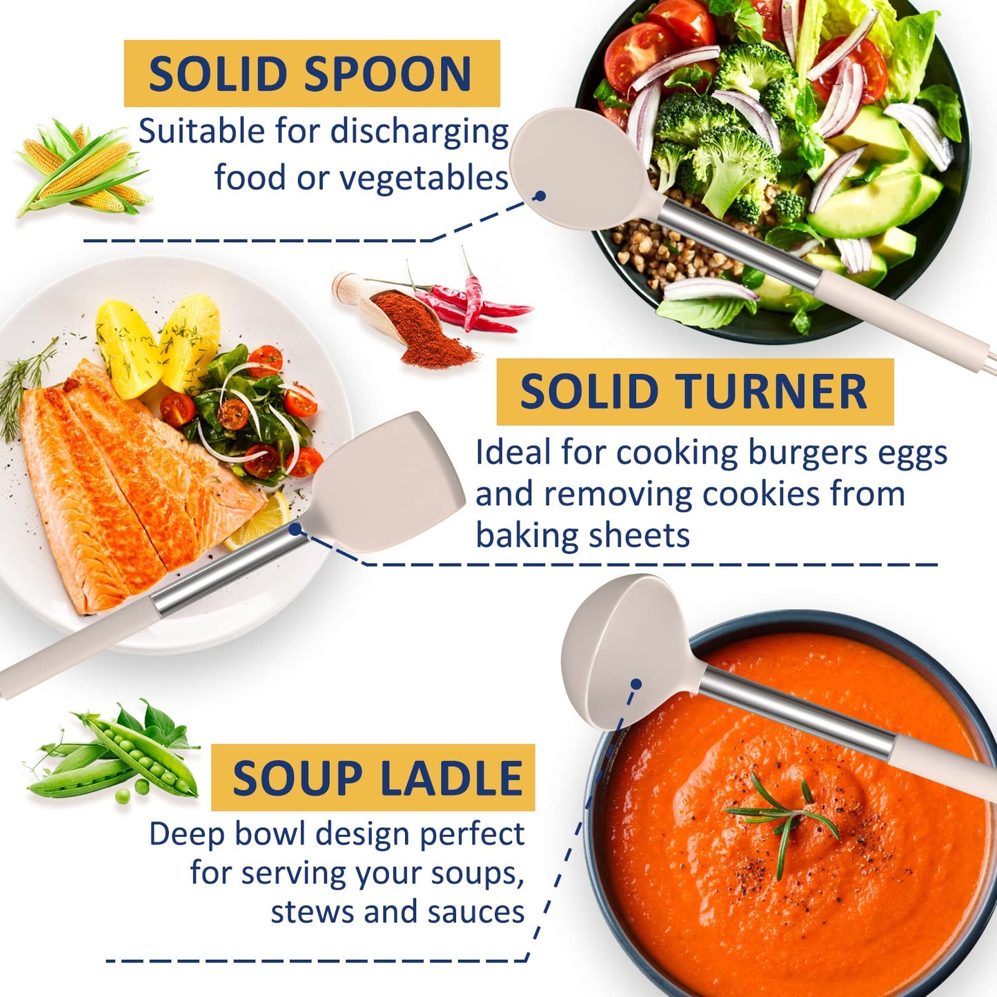 Silicone Cooking Utensil Set, Fungun Non-stick Kitchen Utensil 24 Pcs Cooking Utensils Set, Heat Resistant Cookware, Silicone Kitchen Tools Gift with Stainless Steel Handle (Khaki-24pcs) …