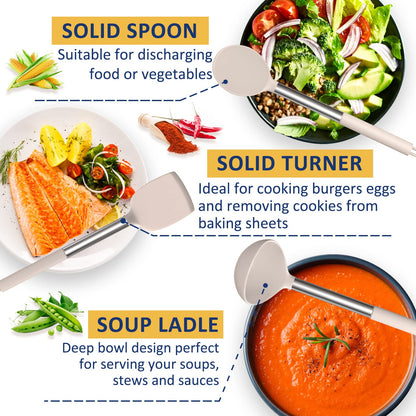 Silicone Cooking Utensil Set, Fungun Non-stick Kitchen Utensil 24 Pcs Cooking Utensils Set, Heat Resistant Cookware, Silicone Kitchen Tools Gift with Stainless Steel Handle (Khaki-24pcs) …