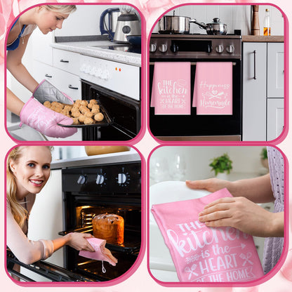 Sratte 6 Pcs Kitchen Decor Accessories Set Farmhouse Towels Pot Holders Oven Mitts Set 2 Dish Towels 2 Potholders 2 Cooking Mittens Oven Glove for Baking Cooking Supply(Pink,Kitchen)