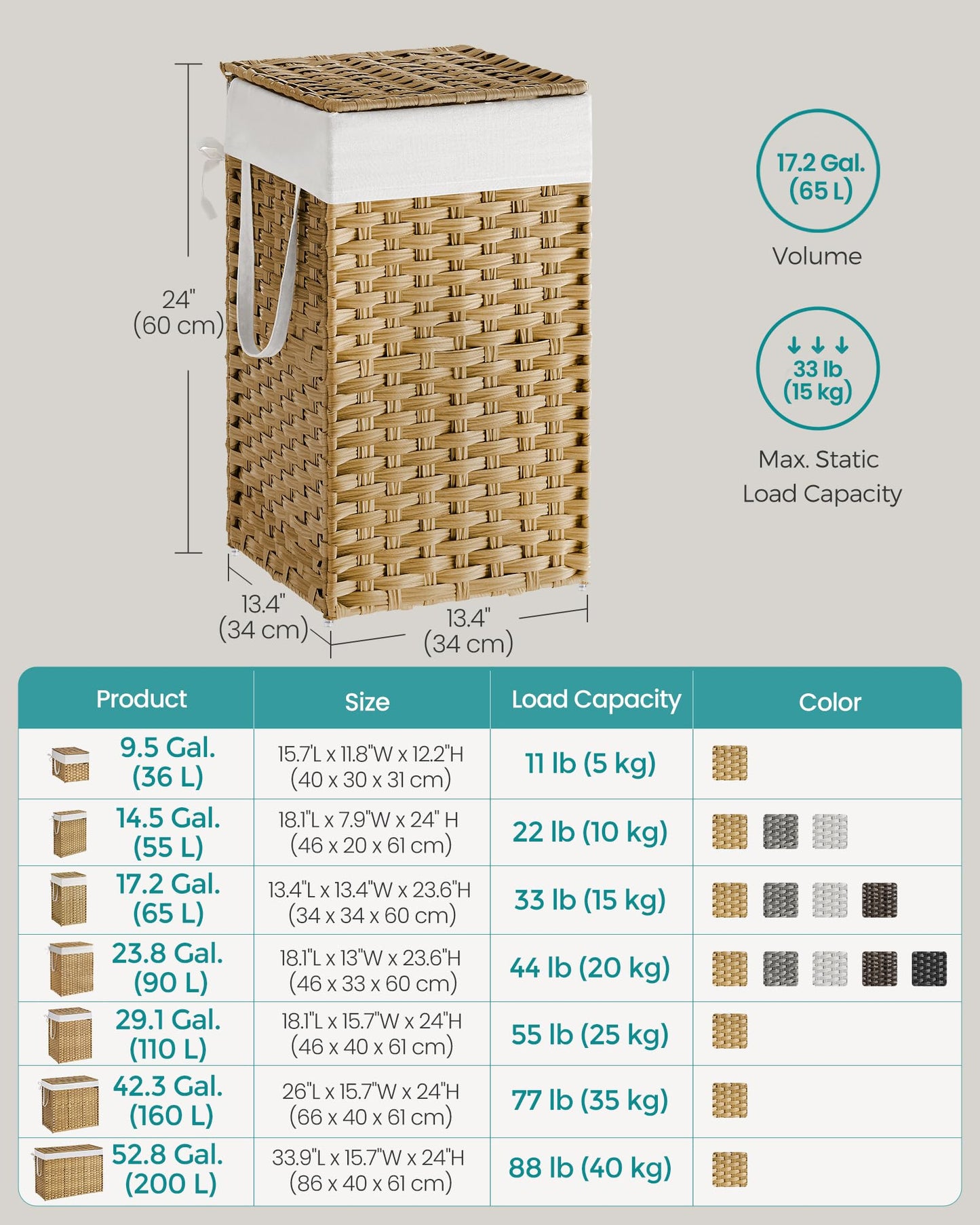 SONGMICS Laundry Hamper with Lid, 17.2 Gallon (65 L) Synthetic Rattan Clothes Laundry Basket with Lid and Handles, Foldable, Removable Liner, Goose Yellow ULCB165N01