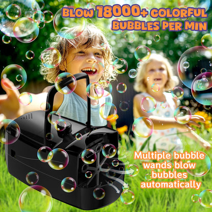 Bubble Machine, Automatic 18000+ Per Minute Big Bubbles Blower Maker for Kids Toddlers with 2 Speeds,6 Wands,Operated by Plugin or Batteries for Outdoor/Indoor Birthday Parties,Wedding (Black)